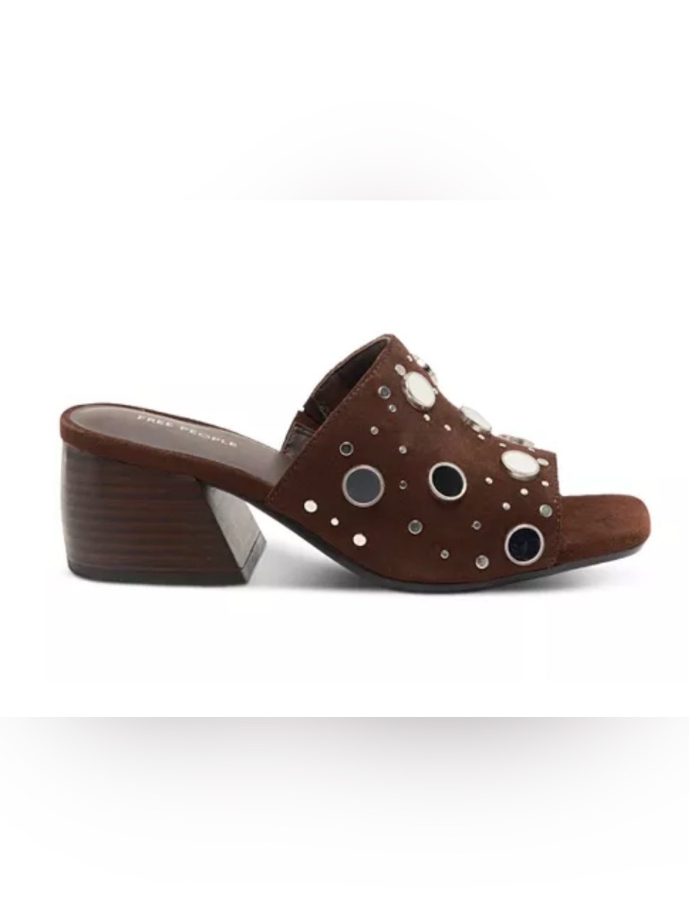 Free People Mirage Mules Studded Brown Suede Block Heel Mirrored Size 9.5 New - Picture 4 of 16